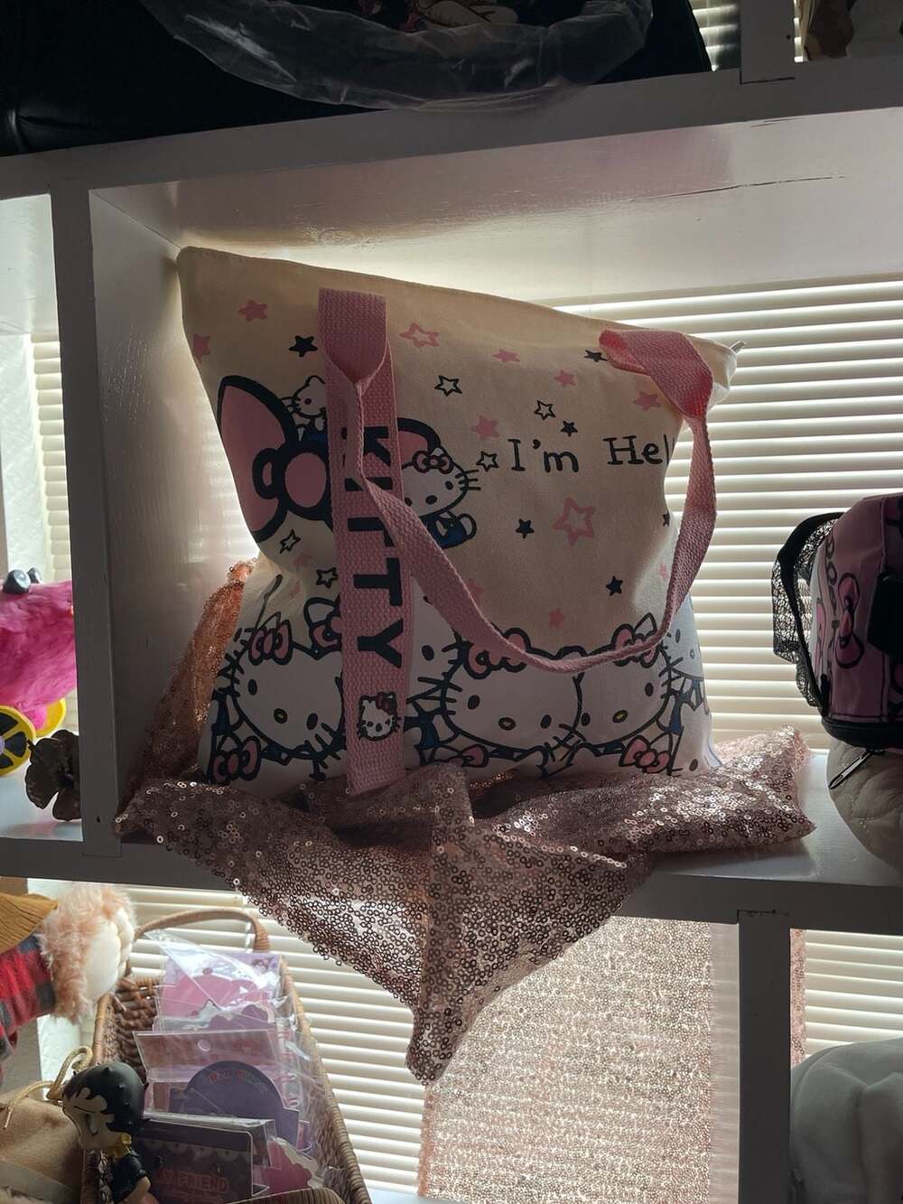 Sanrio Hello Kitty Canvas Zipper Tote Bag with Pink Patterned Straps